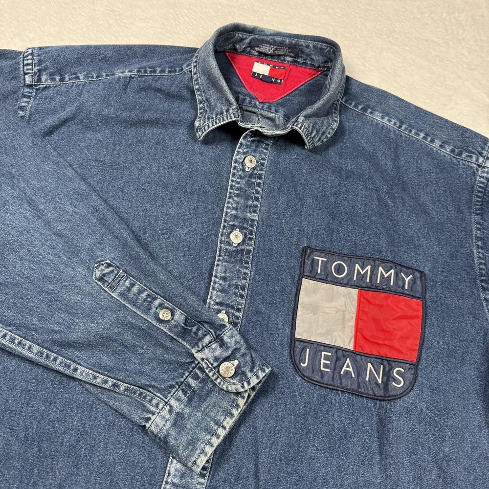 Tommy Jeans Shirt Mens Large Blue Denim Long Sleeve Button Front Big Flag Logo